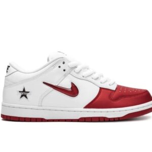 Nike x Supreme SB Dunk "Jewel Swoosh" Red/White sneakers.