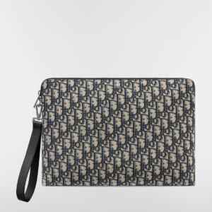 DIOR A4 Zipped Pouch Beige and Black Dior Oblique Jacquard